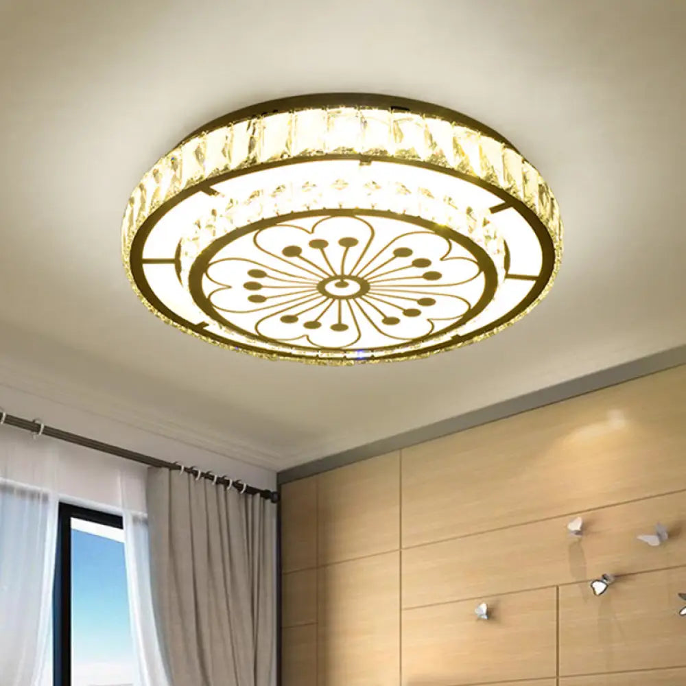 Modernist Crystal Ceiling Light: Chrome Led Round Flush Fixture With Floral Pattern