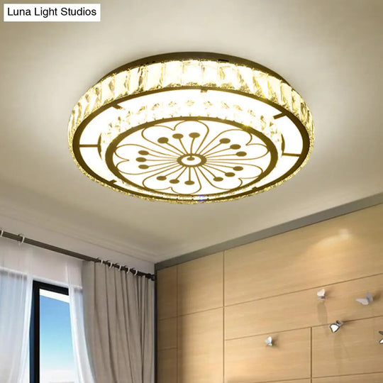 Modernist Crystal Ceiling Light: Chrome Led Round Flush Fixture With Floral Pattern