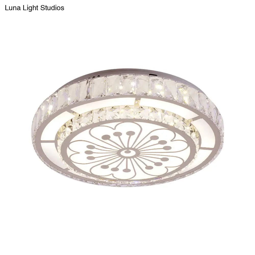 Modernist Crystal Ceiling Light: Chrome Led Round Flush Fixture With Floral Pattern