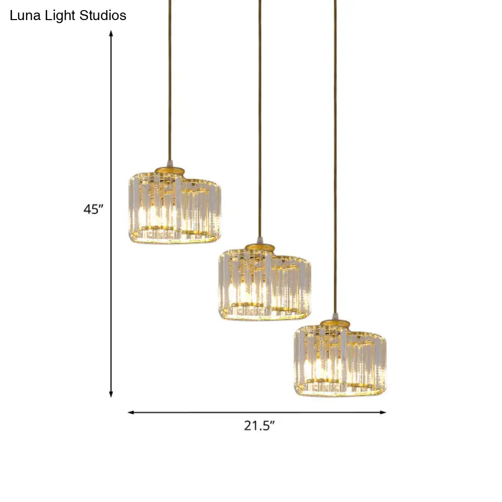 Gold Modernist Heart Cluster Pendant With Clear Crystal Blocks - 3 Head Suspension Lighting For