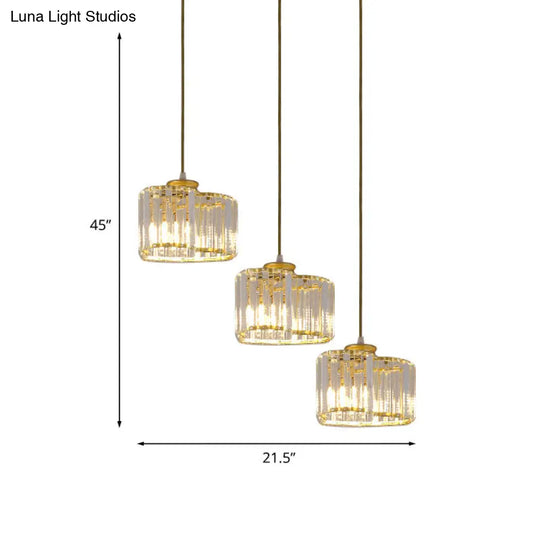 Gold Modernist Heart Cluster Pendant With Clear Crystal Blocks - 3 Head Suspension Lighting For