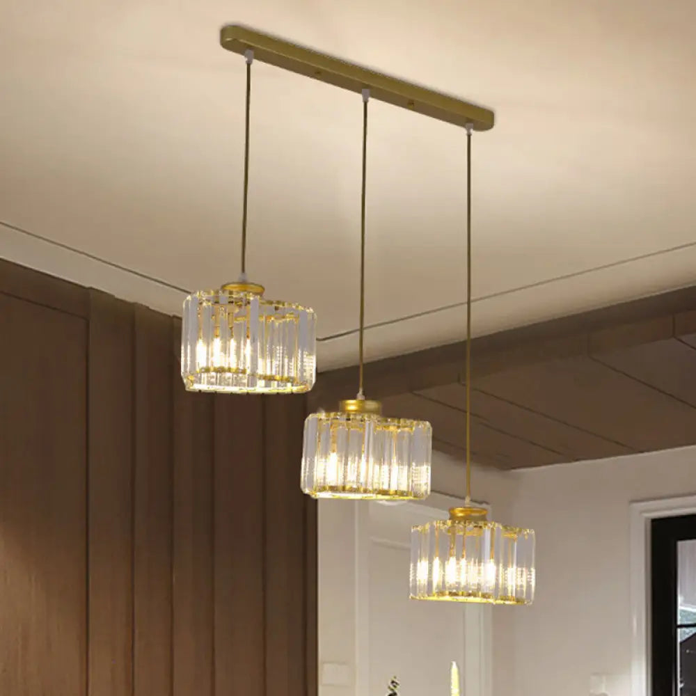 Modernist Crystal Cluster Pendant Lights In Gold - 3 Head Suspension Lighting For Restaurants