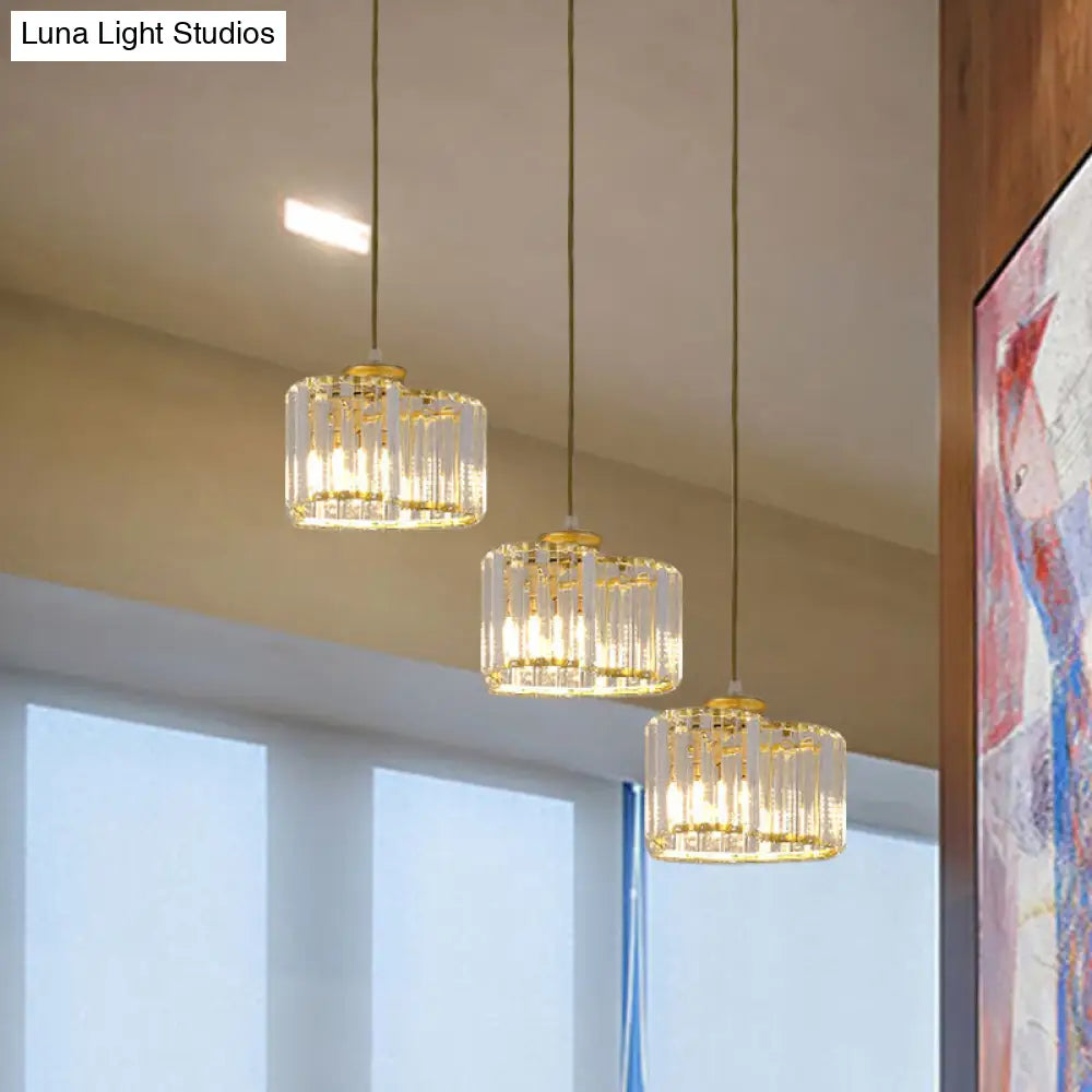 Modernist Crystal Cluster Pendant Lights In Gold - 3 Head Suspension Lighting For Restaurants