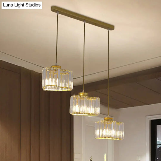 Gold Modernist Heart Cluster Pendant With Clear Crystal Blocks - 3 Head Suspension Lighting For