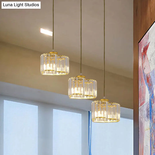 Gold Modernist Heart Cluster Pendant With Clear Crystal Blocks - 3 Head Suspension Lighting For