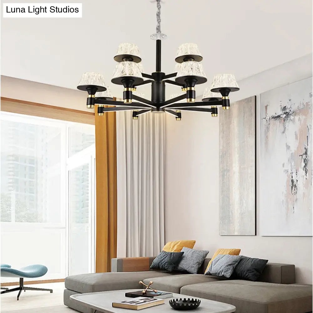 Modernist Crystal Cone Ceiling Chandelier - 6/8/12 Bulbs Black 27.5’/33.5’/37.5’ Wide Hanging