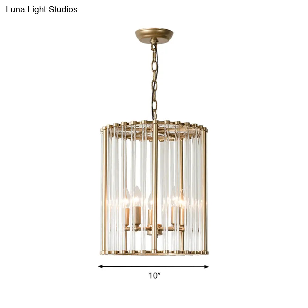 Modernist Crystal Cylinder Chandelier With Brass Pendant Light Fixture - 3/5 Bulbs 10/14 Wide