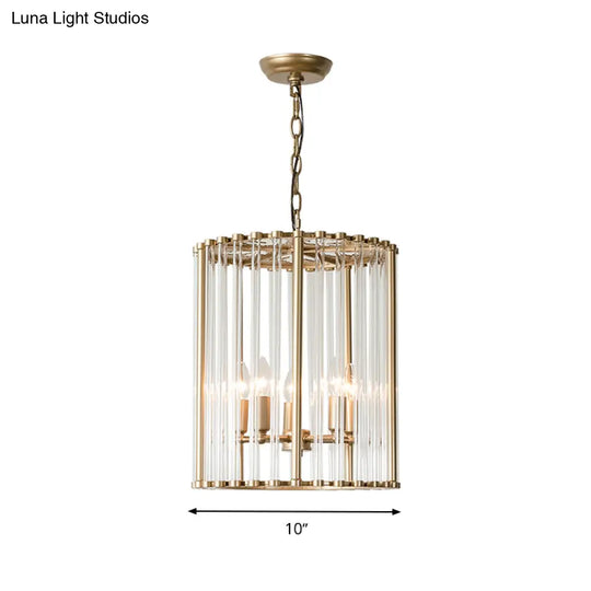 Modernist Crystal Cylinder Chandelier With Brass Pendant Light Fixture - 3/5 Bulbs 10/14 Wide