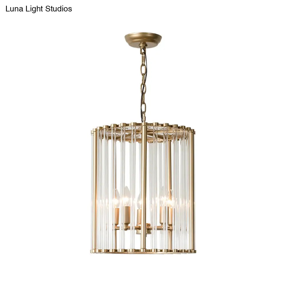 Modernist Crystal Cylinder Chandelier With Brass Pendant Light Fixture - 3/5 Bulbs 10/14 Wide