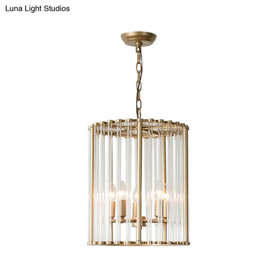 Modernist Crystal Cylinder Chandelier With Brass Pendant Light Fixture - 3/5 Bulbs 10/14 Wide