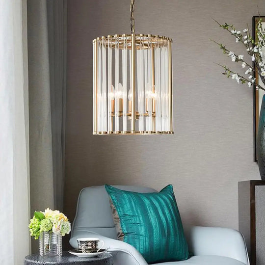 Modernist Crystal Cylinder Chandelier With Brass Pendant Light Fixture - 3/5 Bulbs 10/14 Wide / 10