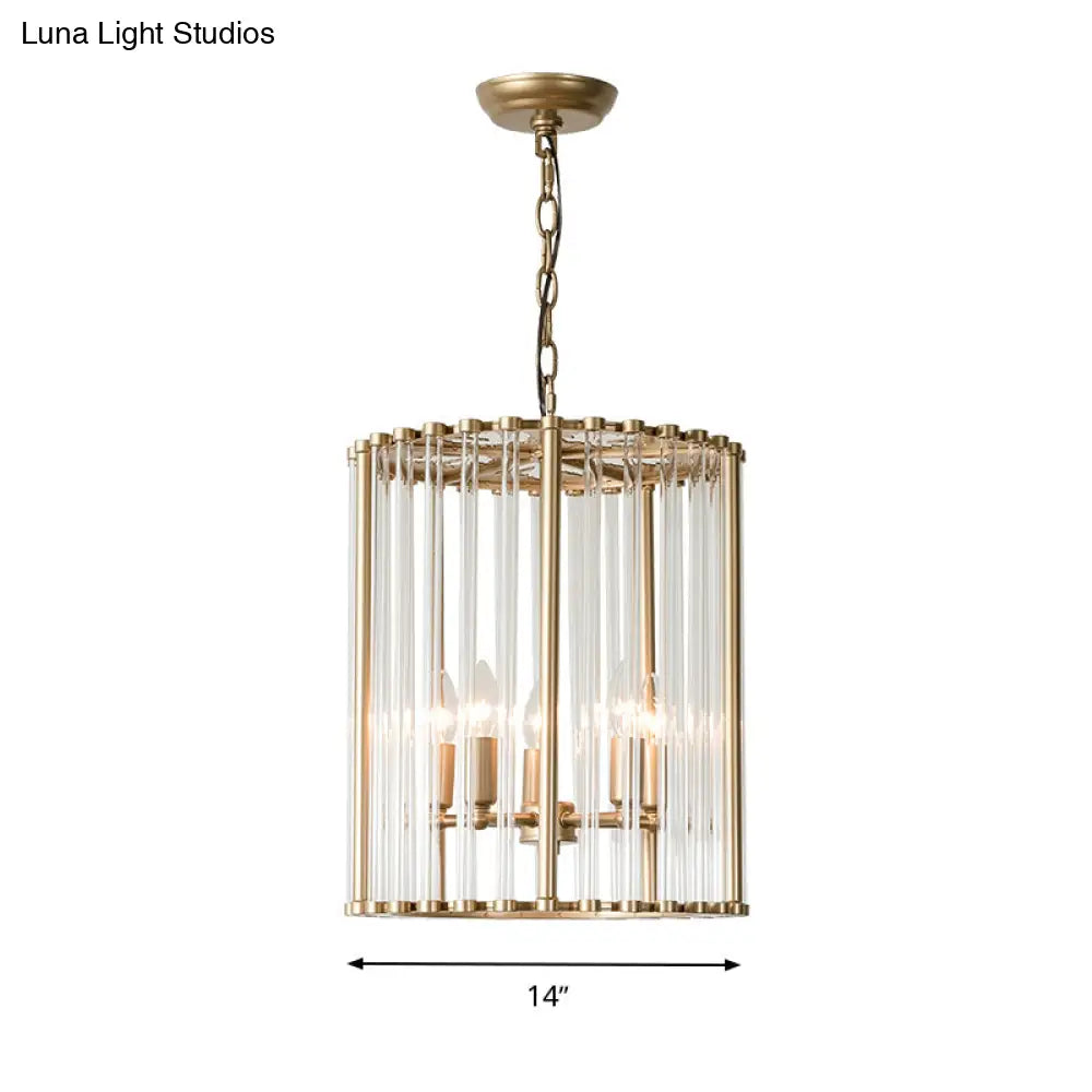 Modernist Crystal Cylinder Chandelier With Brass Pendant Light Fixture - 3/5 Bulbs 10/14 Wide