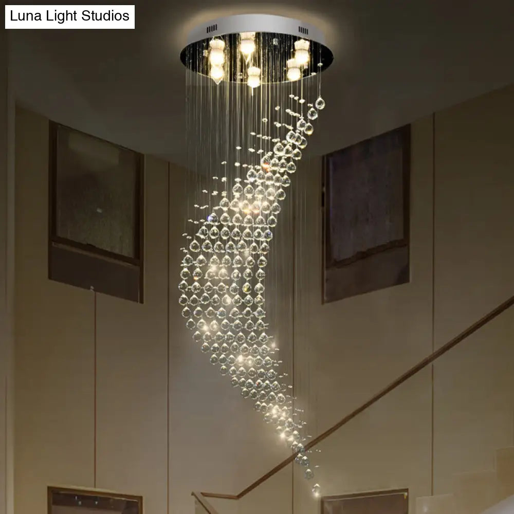 Modernist Crystal Draping Chrome Flush Light With 6 Bulbs - Crescent Shape Ceiling Mount Lamp