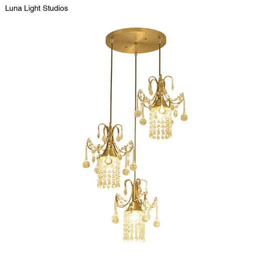 Modernist Crystal Droplet Cylinder Multi Ceiling Light - 3-Light Brass Pendant For Dining Room