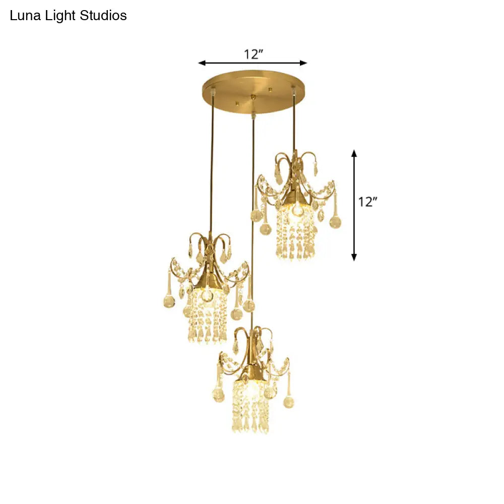 Modernist Crystal Droplet Cylinder Multi Ceiling Light - 3-Light Brass Pendant For Dining Room