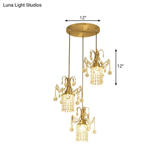 Modernist Crystal Droplet Cylinder Multi Ceiling Light - 3-Light Brass Pendant For Dining Room