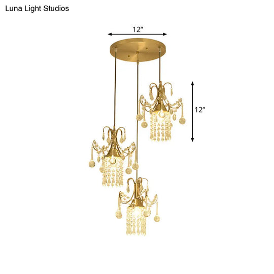 Modernist Crystal Droplet 3-Light Brass Pendant Ceiling Light For Dining Room