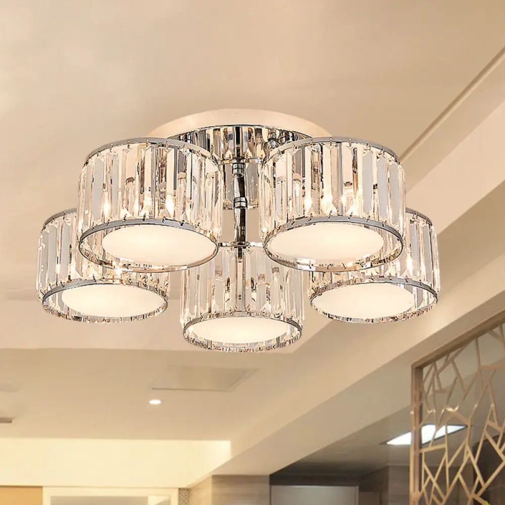 Modernist Crystal Drum Flush Mount Ceiling Lamp In Chrome Finish 5 /