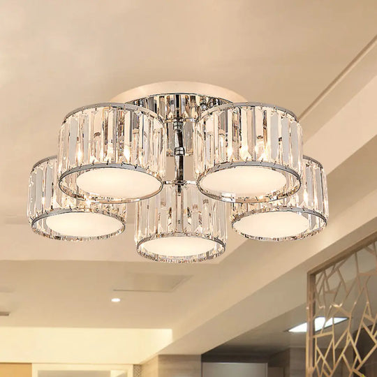 Modernist Crystal Drum Flush Mount Ceiling Lamp In Chrome Finish 5 /
