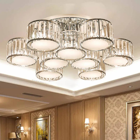 Modernist Crystal Drum Flush Mount Ceiling Lamp In Chrome Finish 9 /