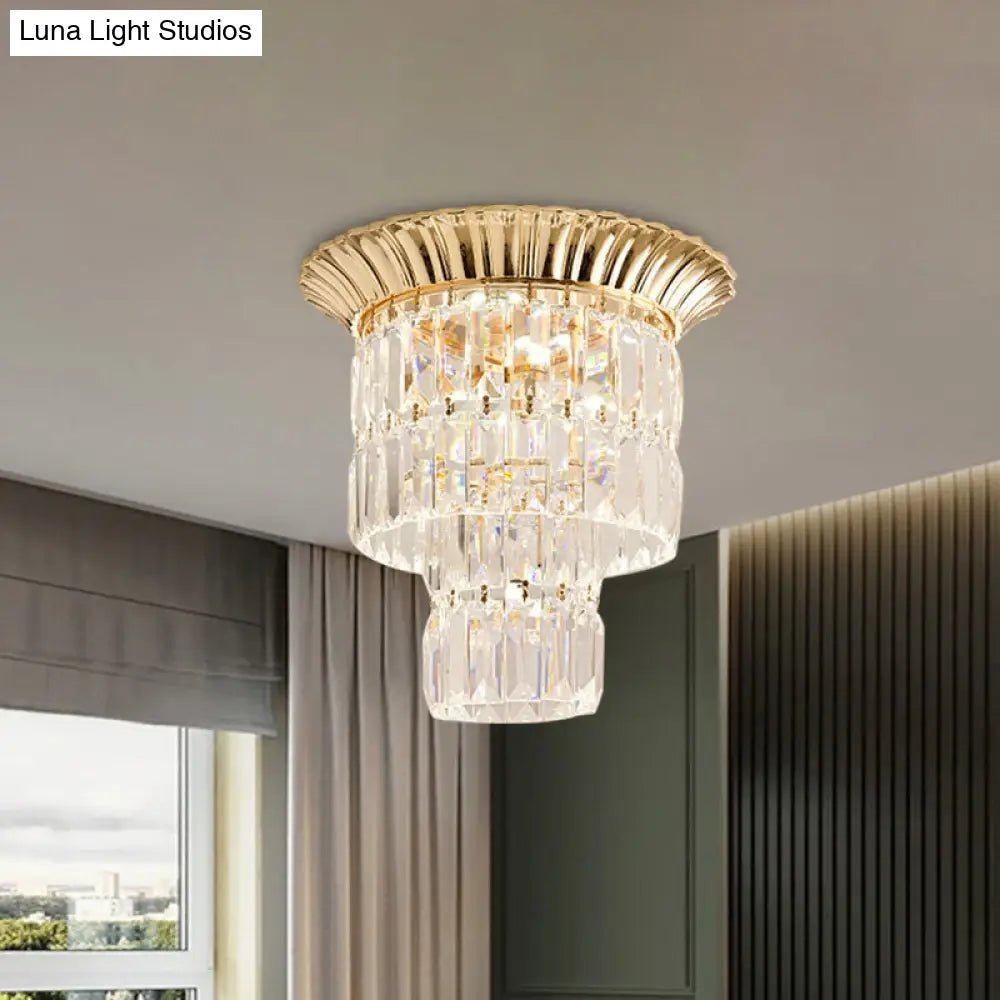 Modernist Crystal Dual Shade Led Flushmount Lamp - Chrome/Gold Cylindrical Ceiling Fixture