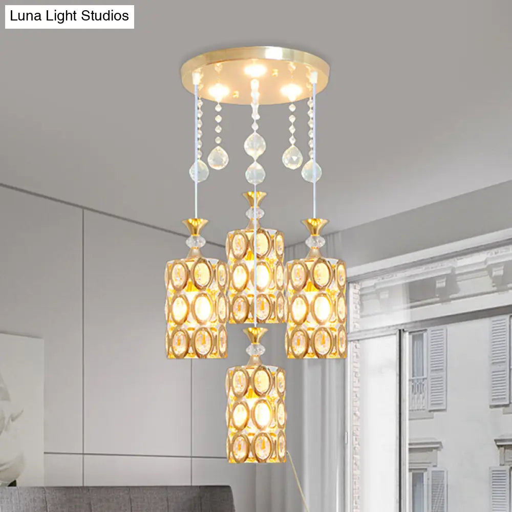 Gold Modernist 4-Light Pendant Lamp With Crystal Encrusted Cylinder Design