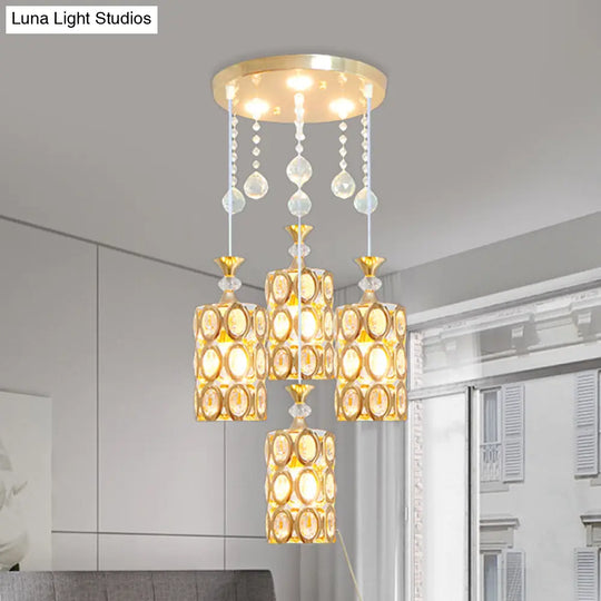 Gold Modernist 4-Light Pendant Lamp With Crystal Encrusted Cylinder Design