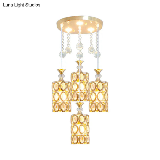 Modernist Crystal Encrusted 4-Light Pendant Ceiling Lamp In Gold