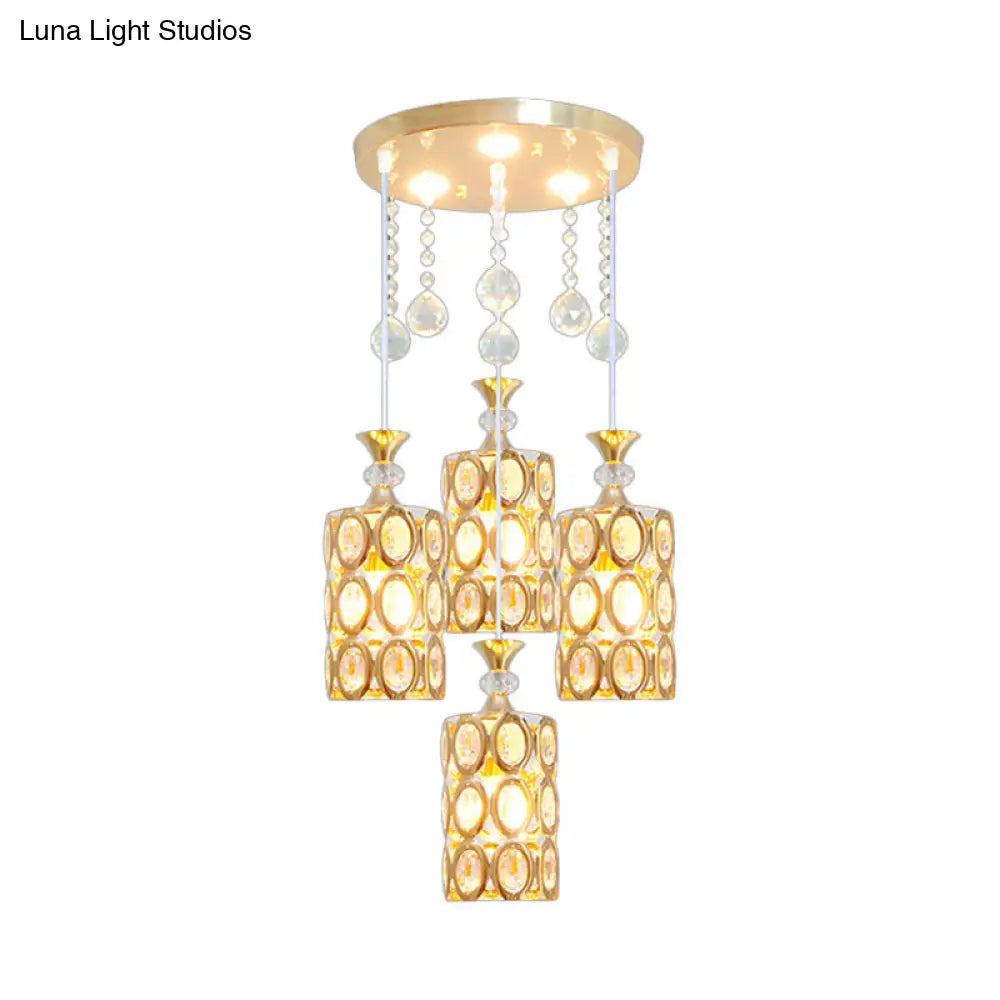 Gold Modernist 4-Light Pendant Lamp With Crystal Encrusted Cylinder Design