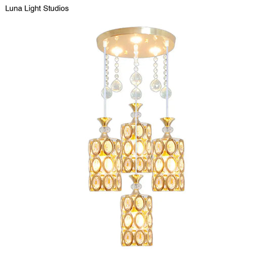 Gold Modernist 4-Light Pendant Lamp With Crystal Encrusted Cylinder Design