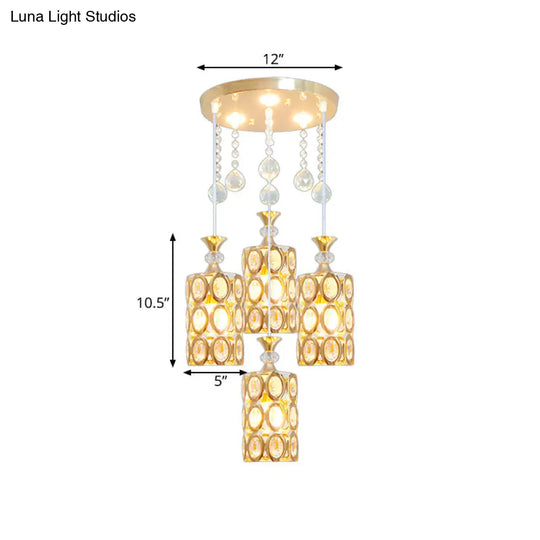 Gold Modernist 4-Light Pendant Lamp With Crystal Encrusted Cylinder Design