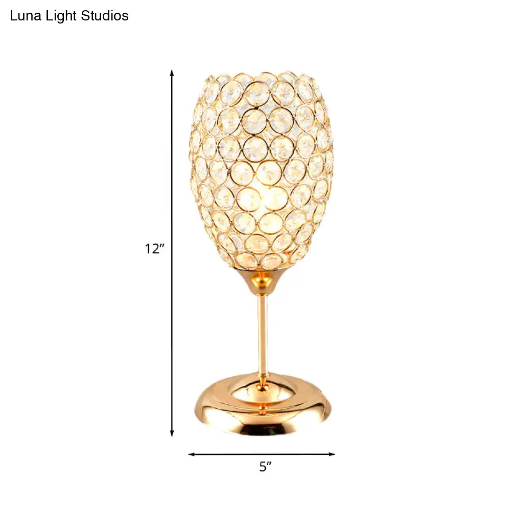 Modernist Crystal-Encrusted Bedside Lamp: Gold Cup-Shaped Night Table Light