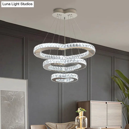 Modernist Crystal Heart Chandelier - Chrome 3-Tier Led Hanging Light Fixture