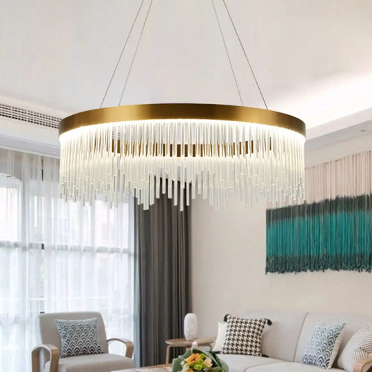 Modernist Crystal Led Brass Pendant Light - Tube Hanging Chandelier Warm/White