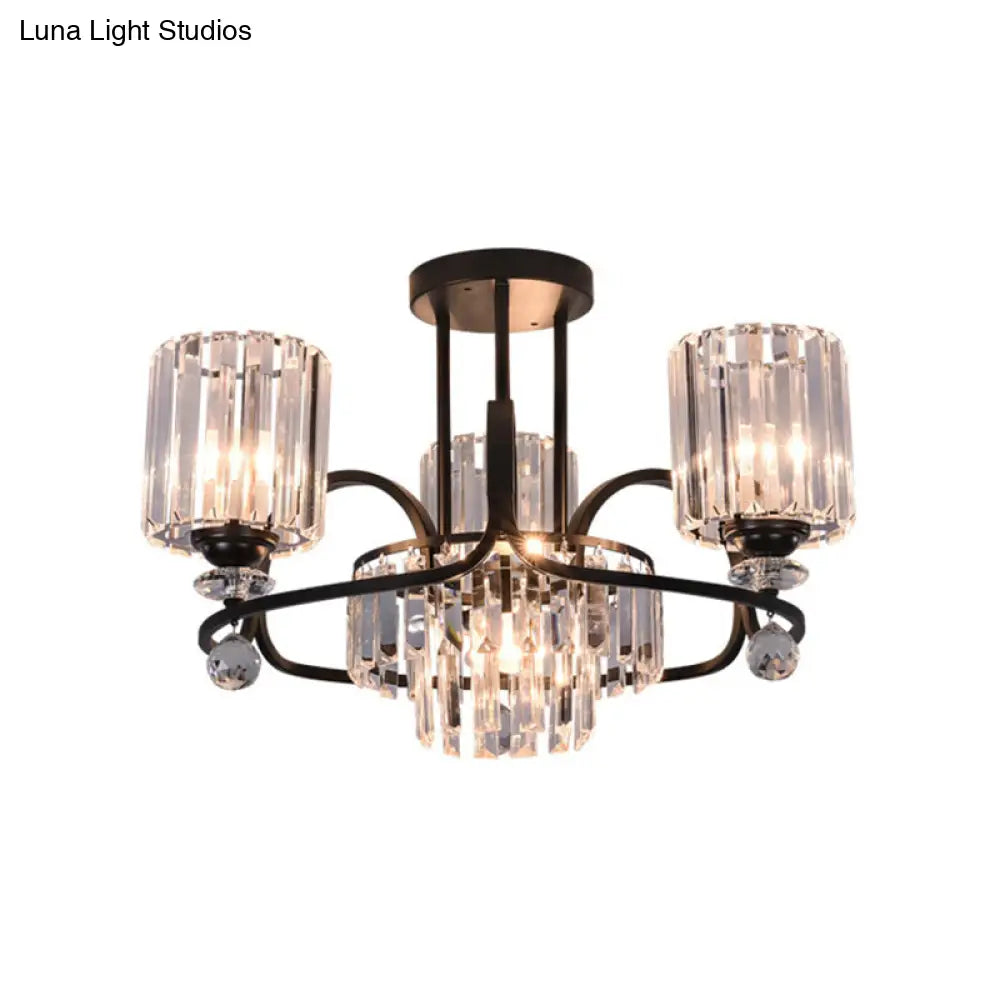 Modern Crystal Prism Chandelier: Cylindrical Suspension Lamp With 4-Bulbs For Drawing Room Ceiling -