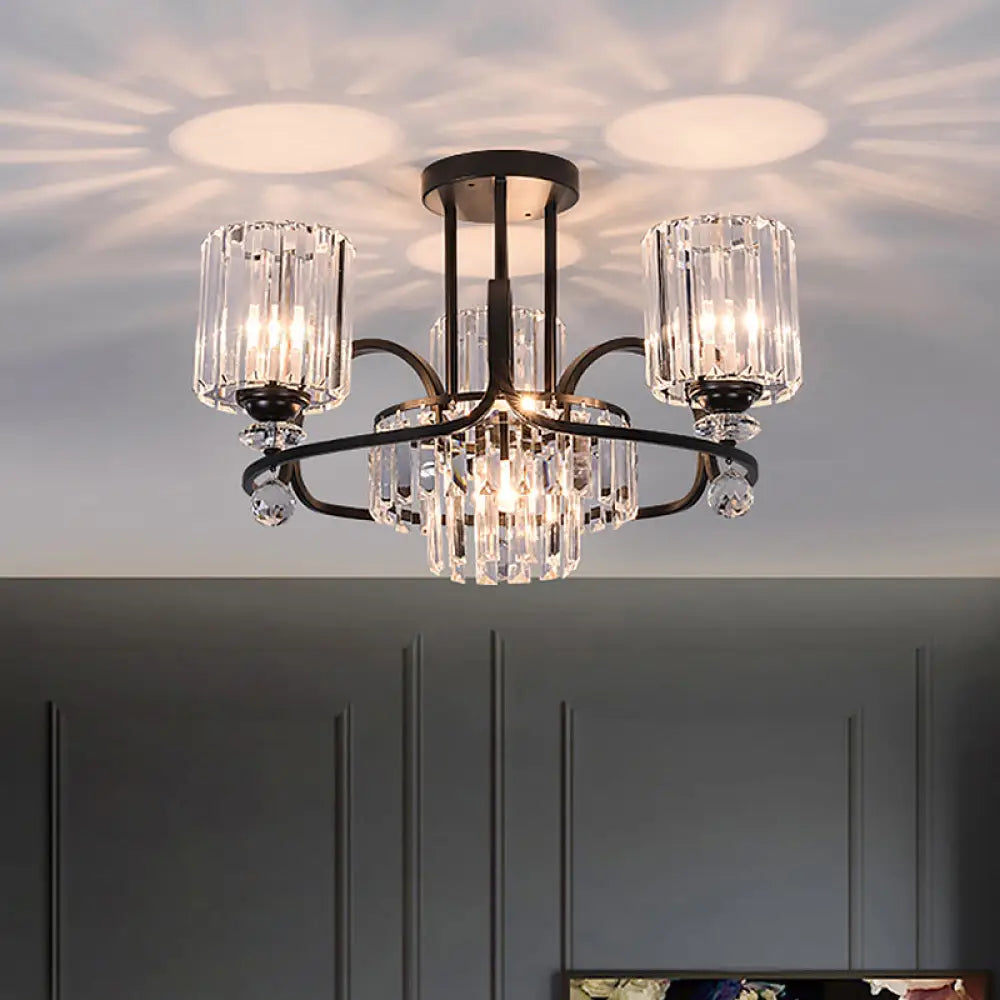 Modernist Crystal Prisms Cylindrical Suspension Lamp - 4-Bulb Black Ceiling Chandelier For Drawing