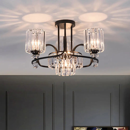 Modernist Crystal Prisms Cylindrical Suspension Lamp - 4-Bulb Black Ceiling Chandelier For Drawing