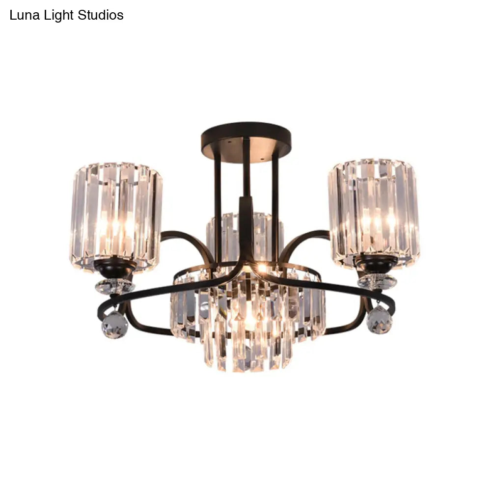 Modernist Crystal Prisms Cylindrical Suspension Lamp - 4-Bulb Black Ceiling Chandelier For Drawing