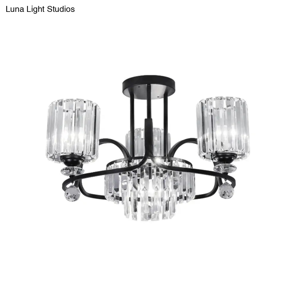 Modernist Crystal Prisms Cylindrical Suspension Lamp - 4-Bulb Black Ceiling Chandelier For Drawing