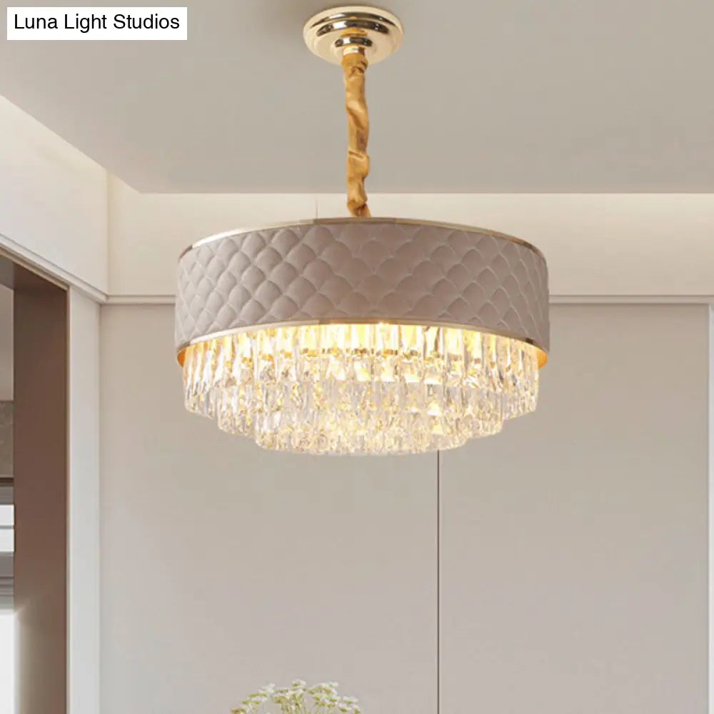 Modern 10-Light Crystal Drum Chandelier With Gold Finish And Leather Accents