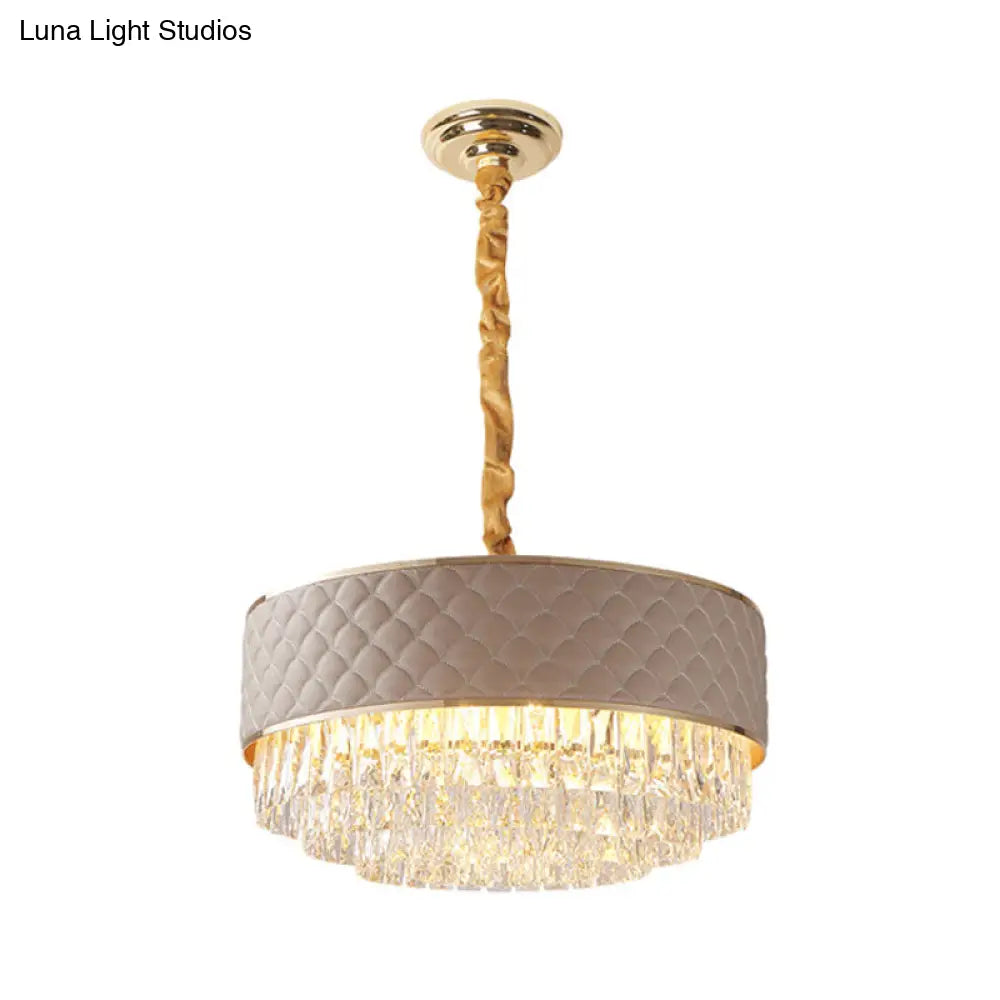 Modernist Crystal Prisms Drum Chandelier - 10-Light Gold Pendant Lamp With Leatherwear Accents