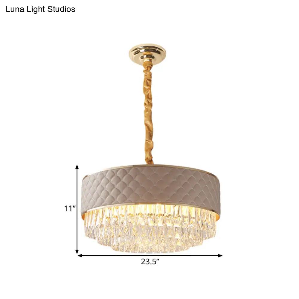 Modernist Crystal Prisms Drum Chandelier - 10-Light Gold Pendant Lamp With Leatherwear Accents