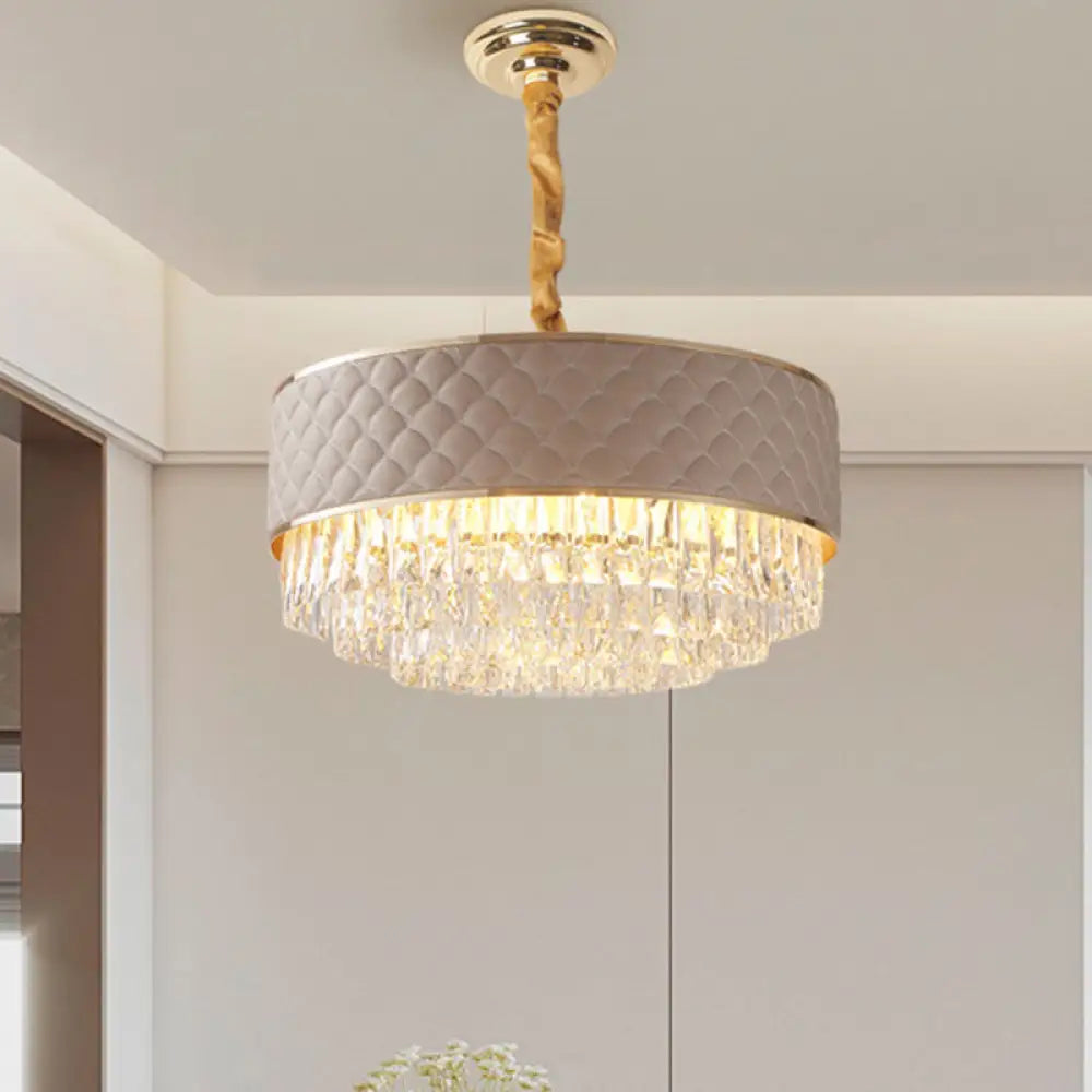 Modernist Crystal Prisms Drum Chandelier - 10-Light Gold Pendant Lamp With Leatherwear Accents