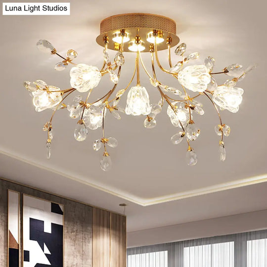 Modernist Crystal Semi Flush Mount Lighting: Blossom Great Room Ceiling Fixture In Gold 7 Heads