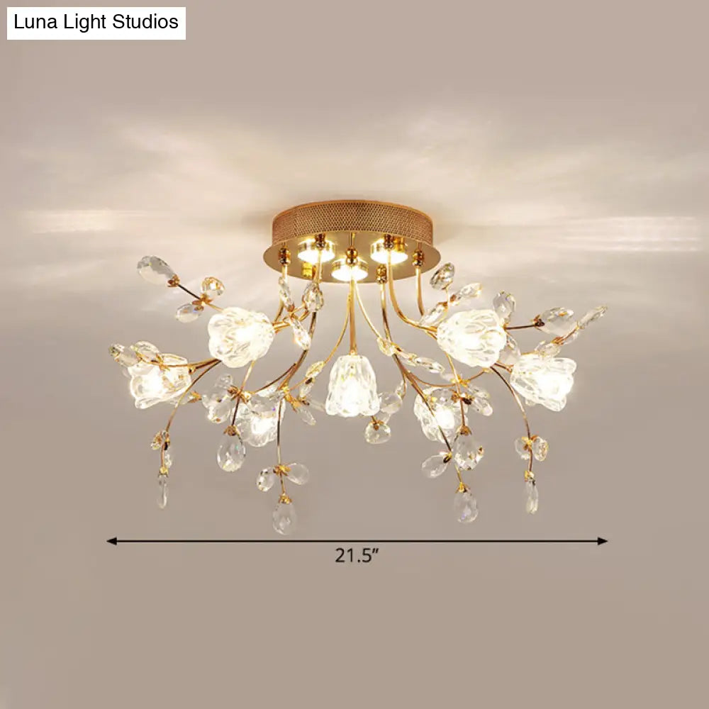 Modernist Crystal Semi Flush Mount Lighting: Blossom Great Room Ceiling Fixture In Gold 7 Heads