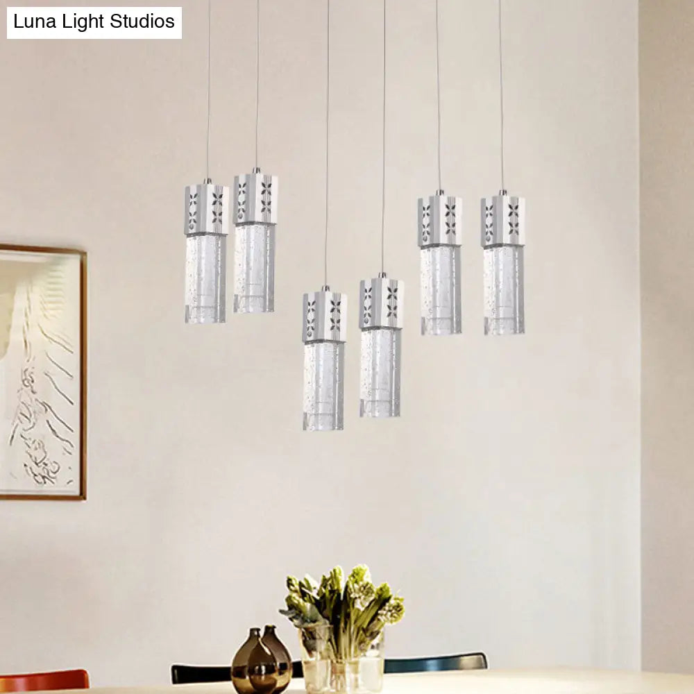 Modern Crystal Square Tube Ceiling Light - Chrome Finish 6-Light Led Pendulum Lamp