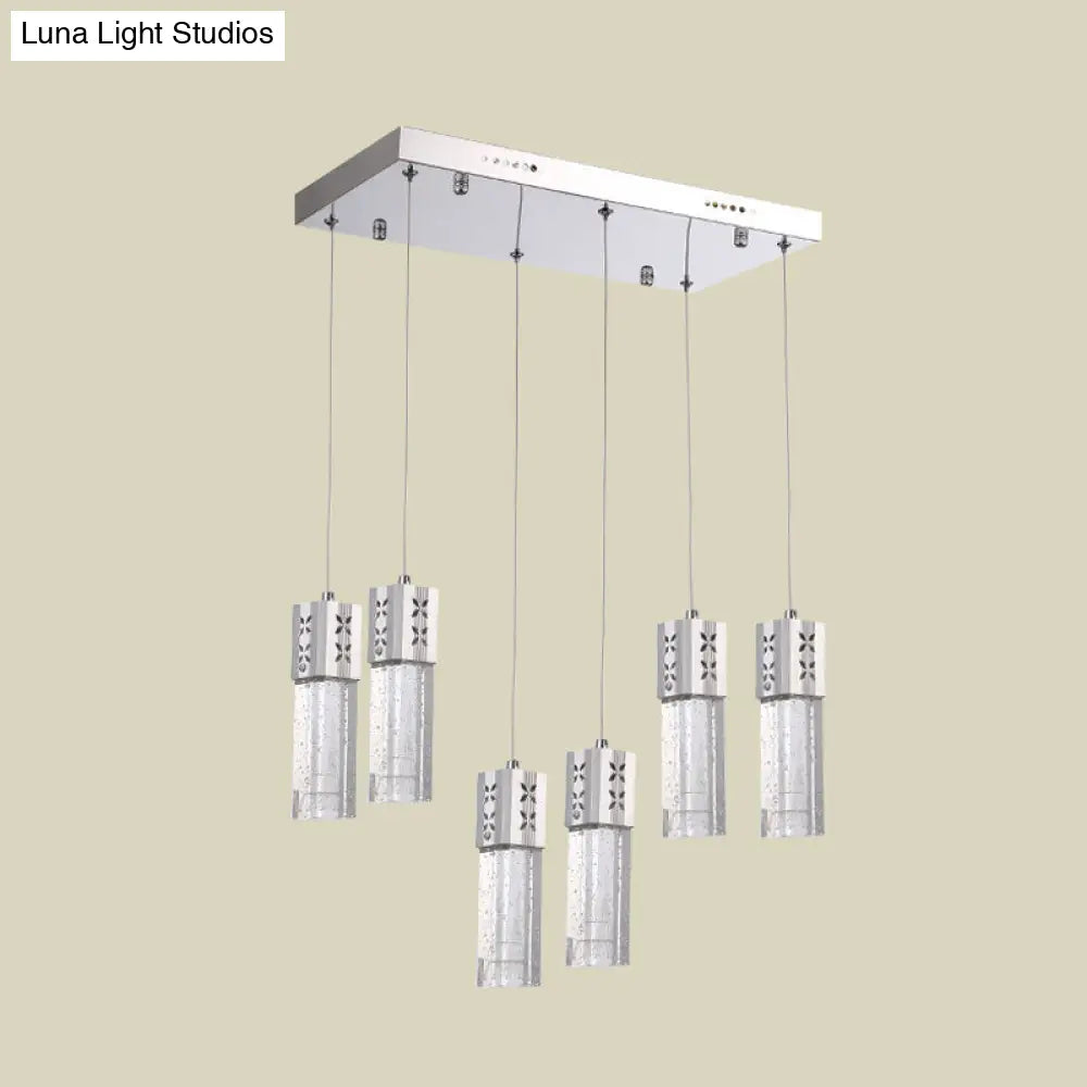 Modern Crystal Square Tube Ceiling Light - Chrome Finish 6-Light Led Pendulum Lamp