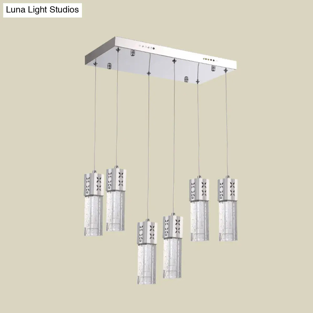 Modernist Crystal Square Tube Multi Ceiling Light: 6-Light Led Pendulum Lamp In Chrome