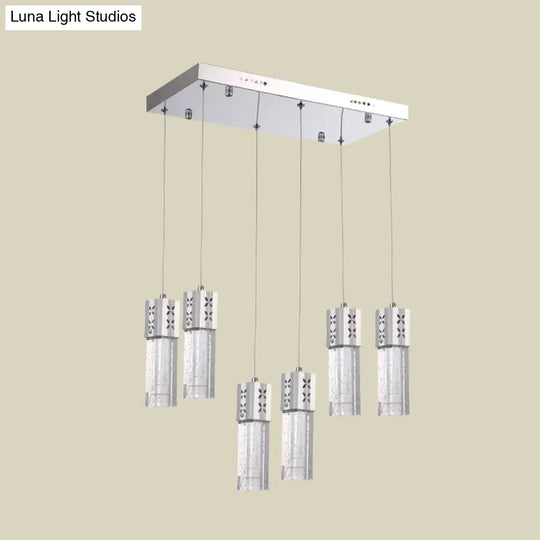 Modernist Crystal Square Tube Multi Ceiling Light: 6-Light Led Pendulum Lamp In Chrome