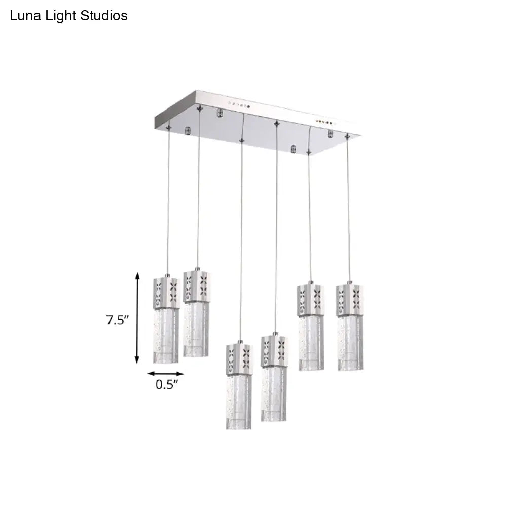 Modernist Crystal Square Tube Multi Ceiling Light: 6-Light Led Pendulum Lamp In Chrome